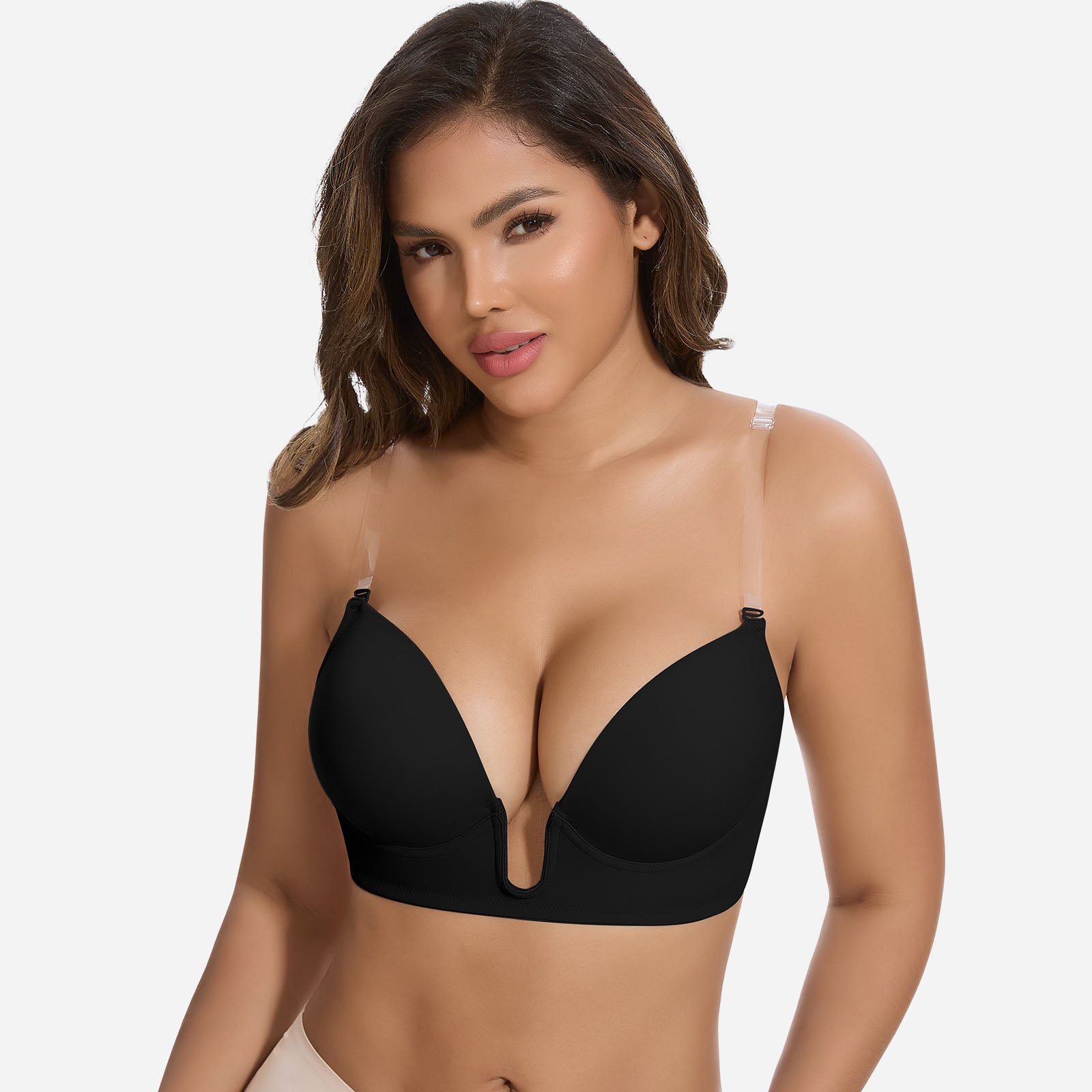 Low Back Push Up Bra for Backless Dress U Plunge Bra with Clear Straps Black / M